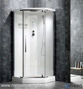 Sala de dutxa de cantonada amb forma de diamant amb porta de vidre de frontissa