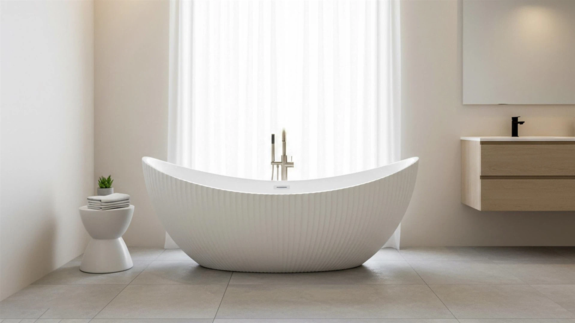 Boat-shaped acrylic bathtub showing flexible design shapes and smooth, glossy composite material Boat-shaped acrylic bathtub showing flexible design shapes and smooth, glossy composite material